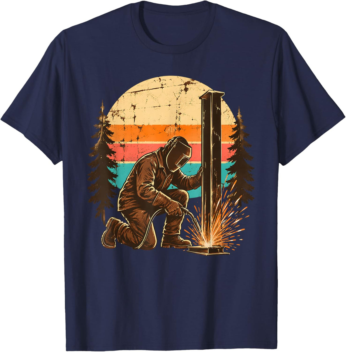 Welding Welder Sunset Steel Beam T-Shirt - Navy Blue