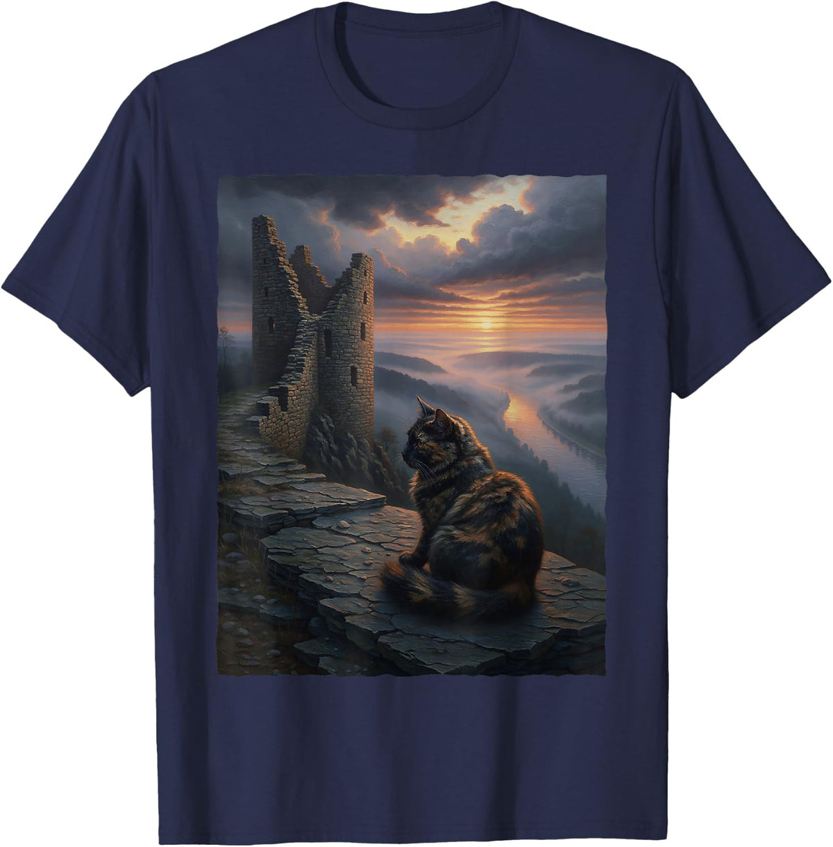 Tortoiseshell Tortie Cat Medieval Castle Ruins Sunset T-Shirt - Navy Blue
