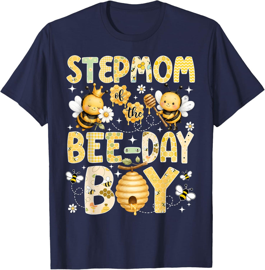 Stepmom of The Bee-Day Boy Funny Stepmom to Bee T-Shirt - Navy Blue