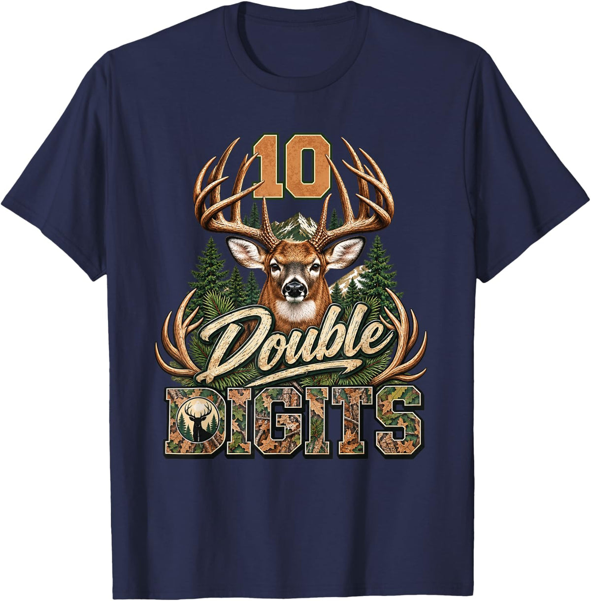 10 Double Digits 10th Birthday Deer Hunting Boy 10 Year Old T-Shirt - Navy Blue