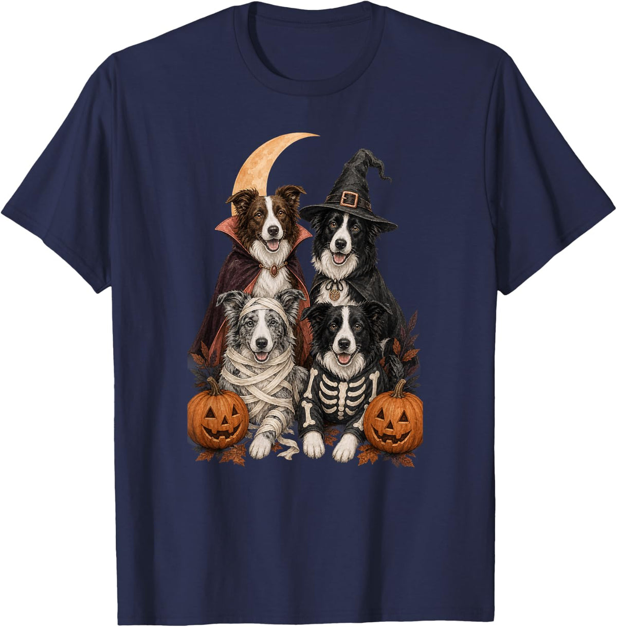 Halloween Collie Dogs Witch Vampire Mummy Skeleton T-Shirt - Navy Blue