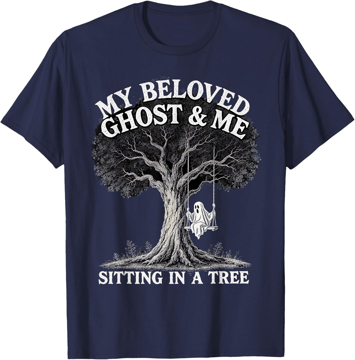 My Beloved Ghost & Me Romantic Spooky Tree Art T-Shirt - Navy Blue