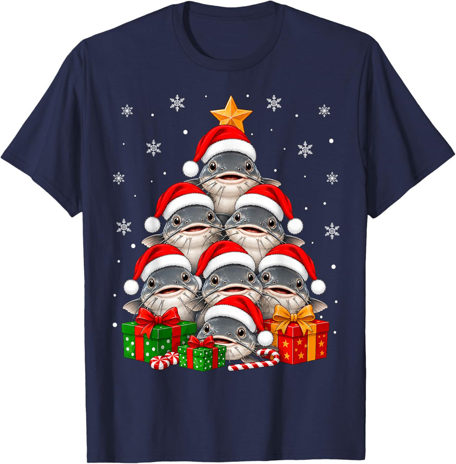 Catfish Christmas Tree Festive Santa Catfish Fishing Xmas T-Shirt - Navy Blue