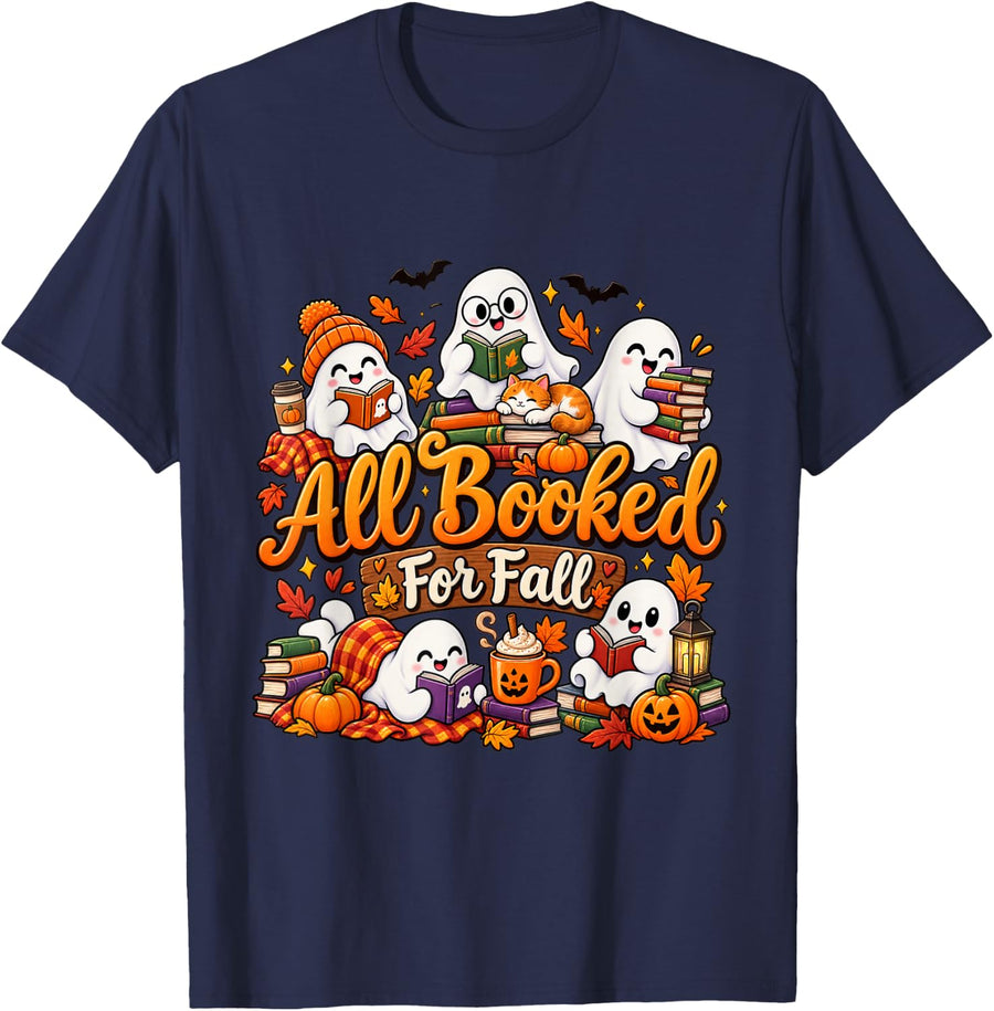Cute Ghost Autumn Reading Book Lover Art T-Shirt - Navy Blue