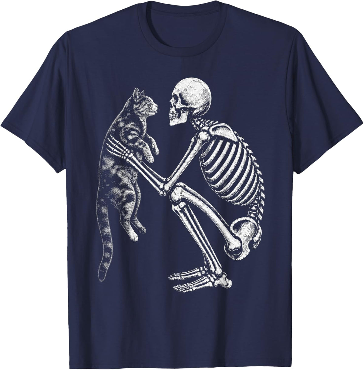 Skeleton Holding Tortoiseshell Cat Retro Halloween Tortie T-Shirt - Navy Blue