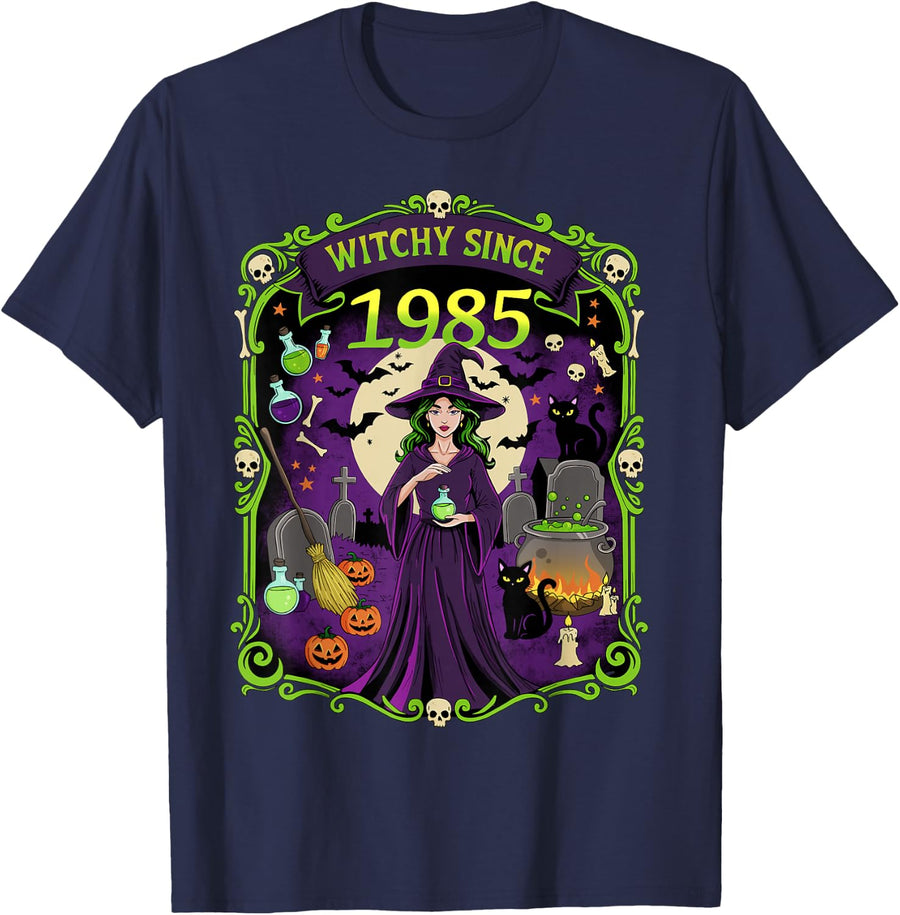 Witchy Since 1985 October Baby Born 80s Halloween T-Shirt - Navy Blue