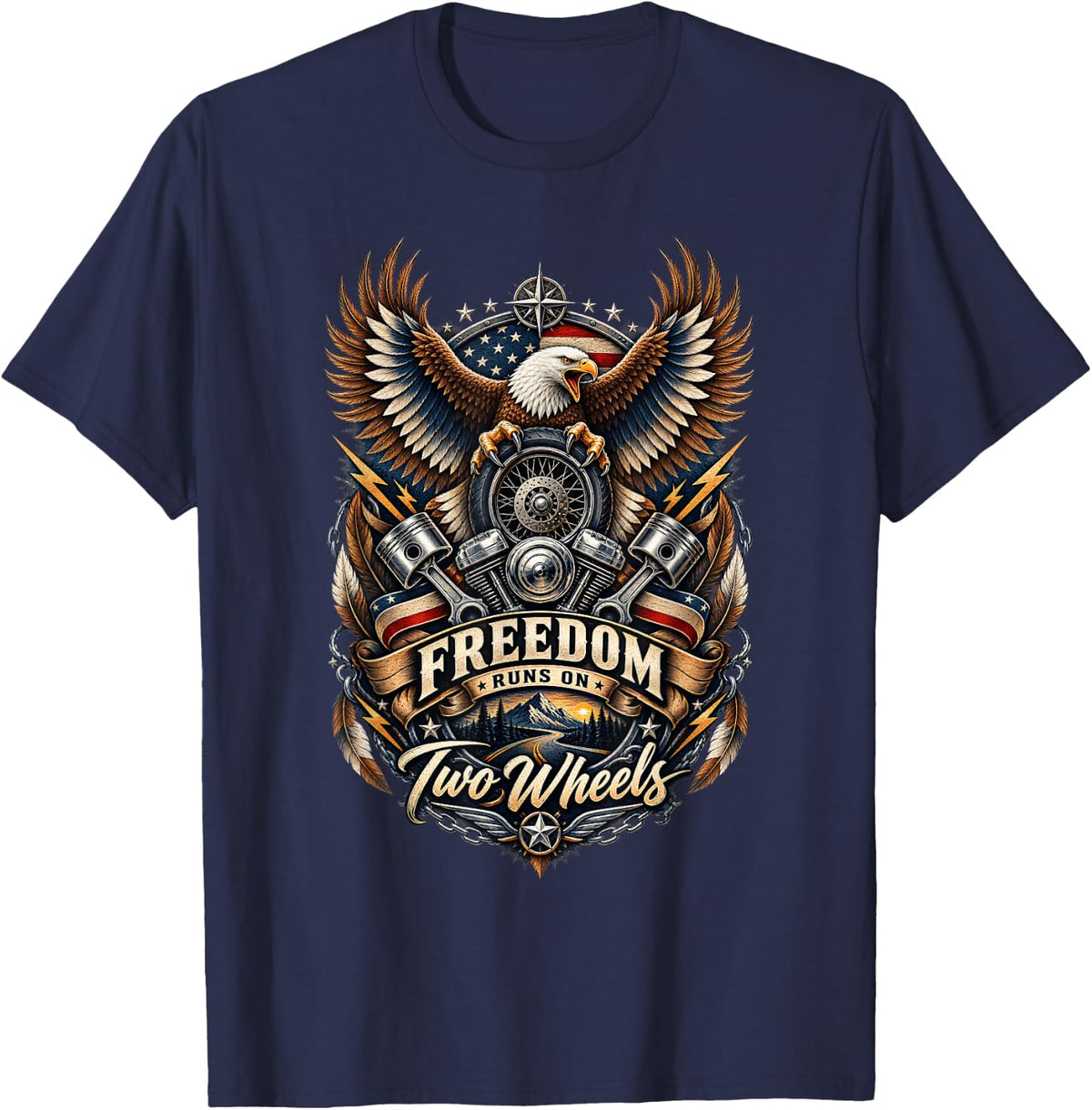 Motorcycle Eagle Freedom American Flag Biker Road Rider T-Shirt - Navy Blue