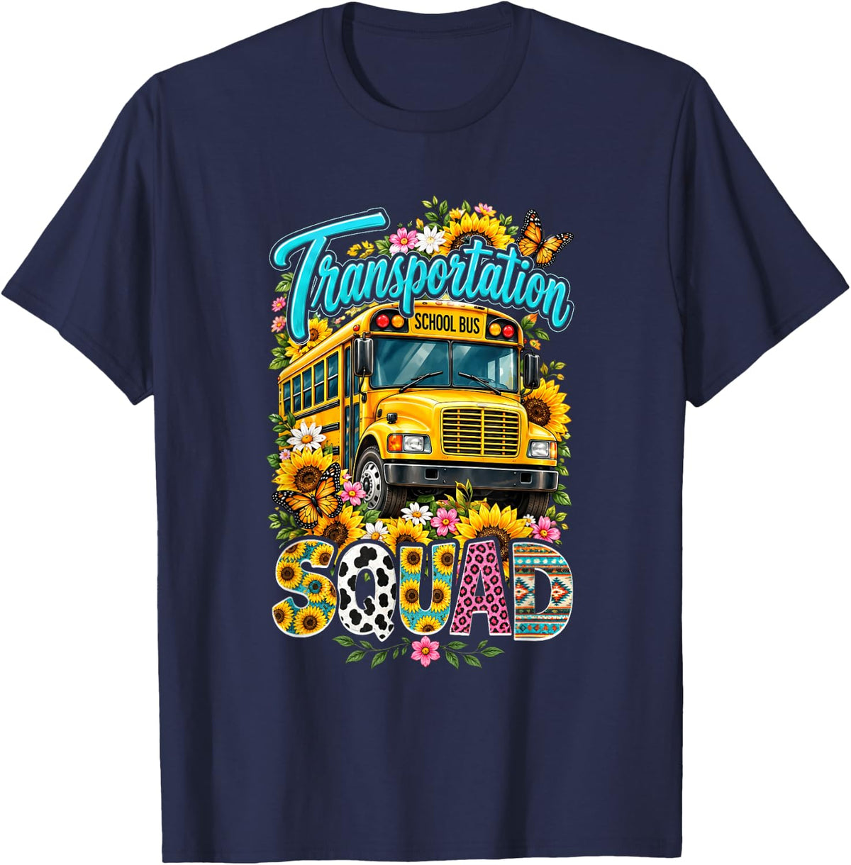 Transportation Squad School Bus Driver Back School Sunflower T-Shirt - Navy Blue