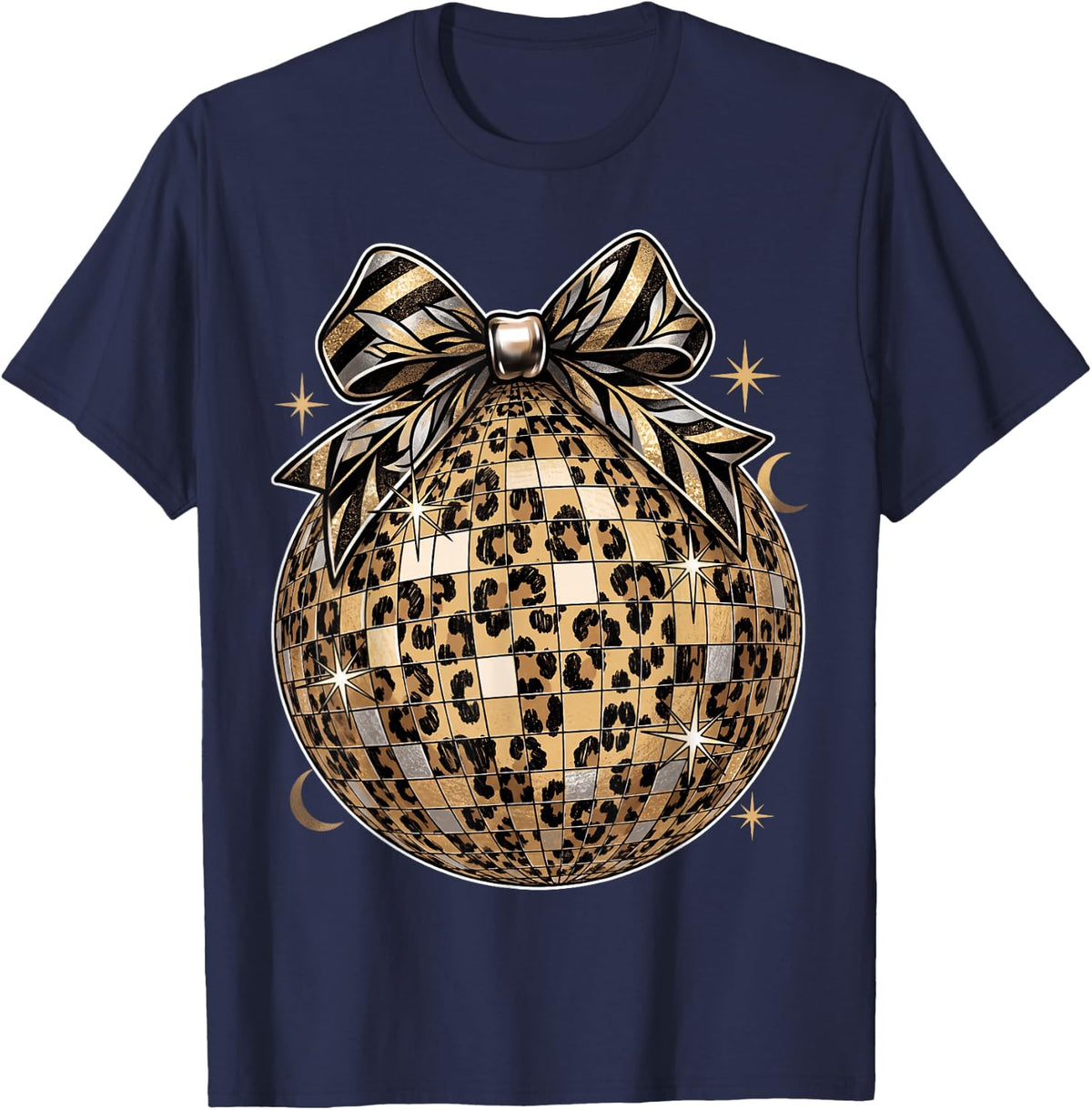 Leopard Disco Ball Christmas Ornament Checkered Bow T-Shirt - Navy Blue