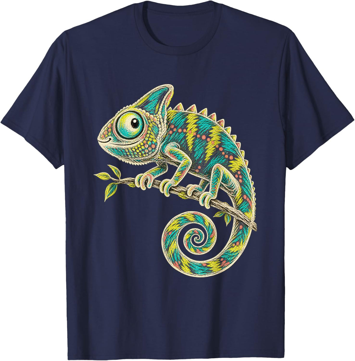 Chameleon Reptile Lover Colorful Curled Tail Doodle T-Shirt - Navy Blue