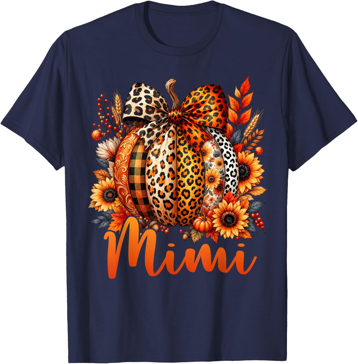 Mimi Fall Leopard Plaid Pumpkin Sunflower Bow Thanksgiving T-Shirt - Navy Blue