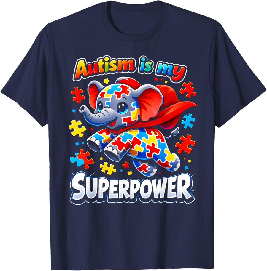 Autism is My Superpower Neurodiversity Cute Elephant Hero T-Shirt - Navy Blue