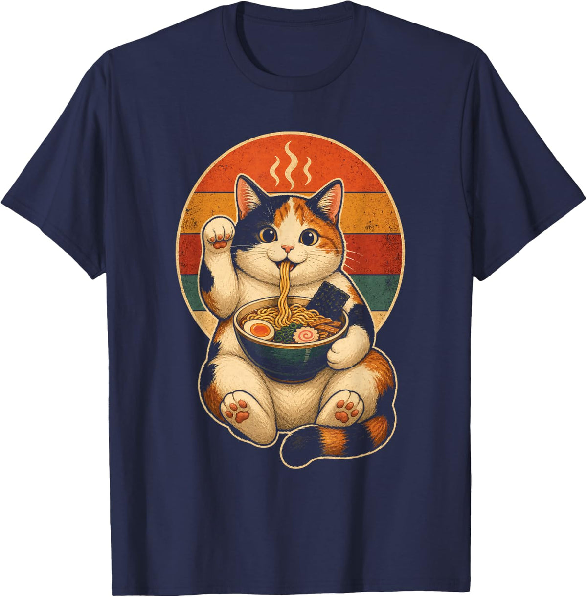 Kawaii Ramen Cat Japanese Lucky Calico Retro Sunset T-Shirt - Navy Blue