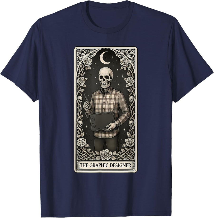 The Graphic Designer Skeleton Tarot Card T-Shirt - Navy Blue