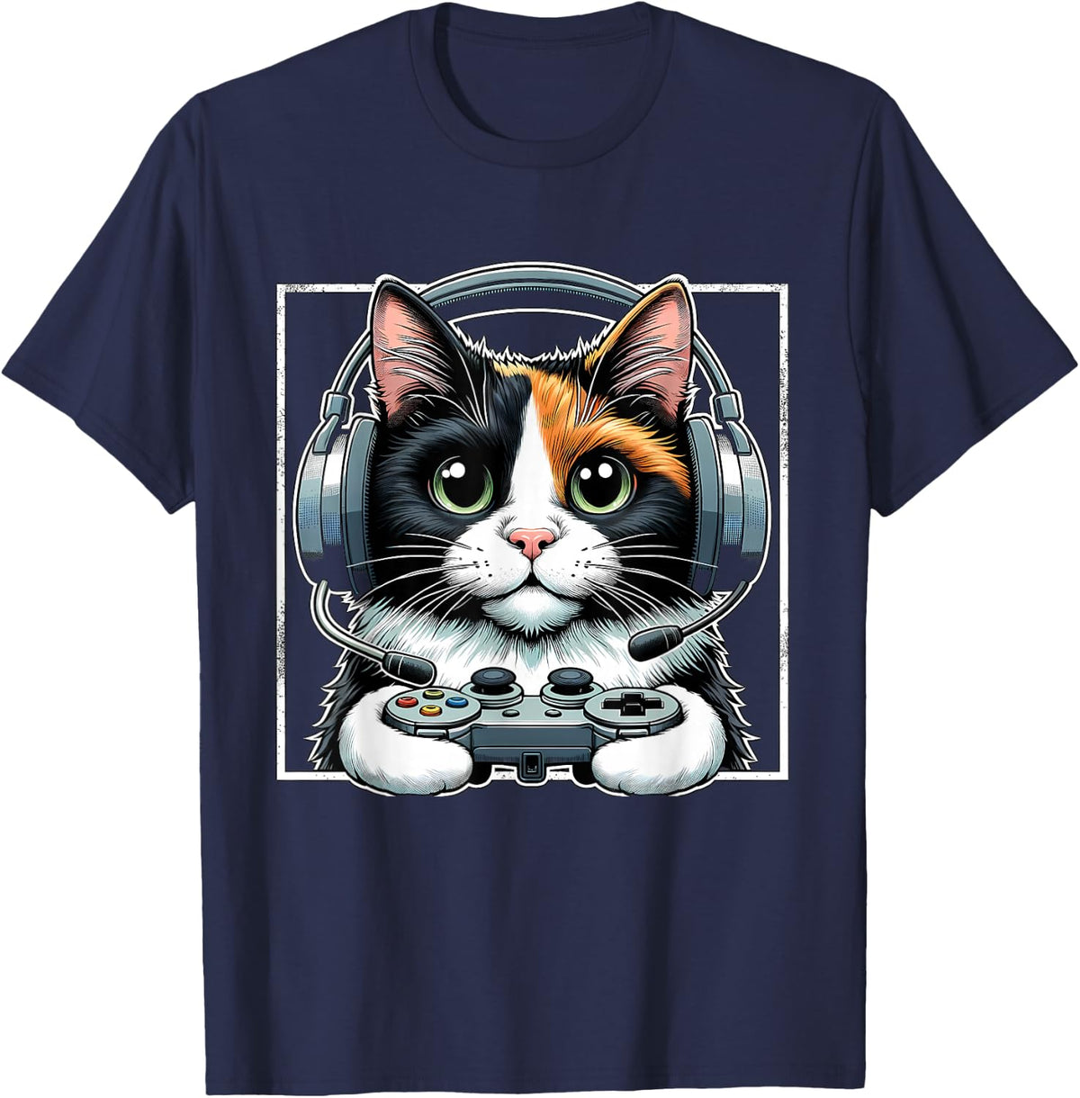 Headphone Video Game Calico Cat Gaming T-Shirt - Navy Blue