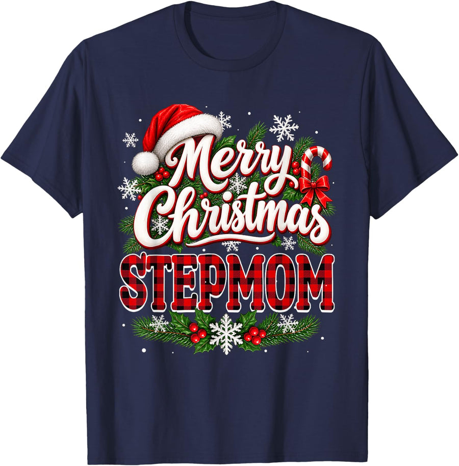 Merry Christmas Stepmom Red Plaid Christmas Family Matching T-Shirt - Navy Blue
