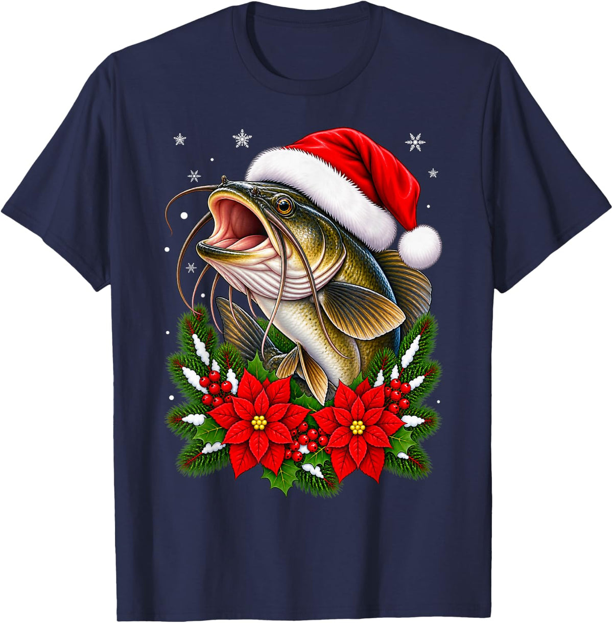 Catfish Fishing Festive Floral Santa Hat Catfish Christmas T-Shirt - Navy Blue