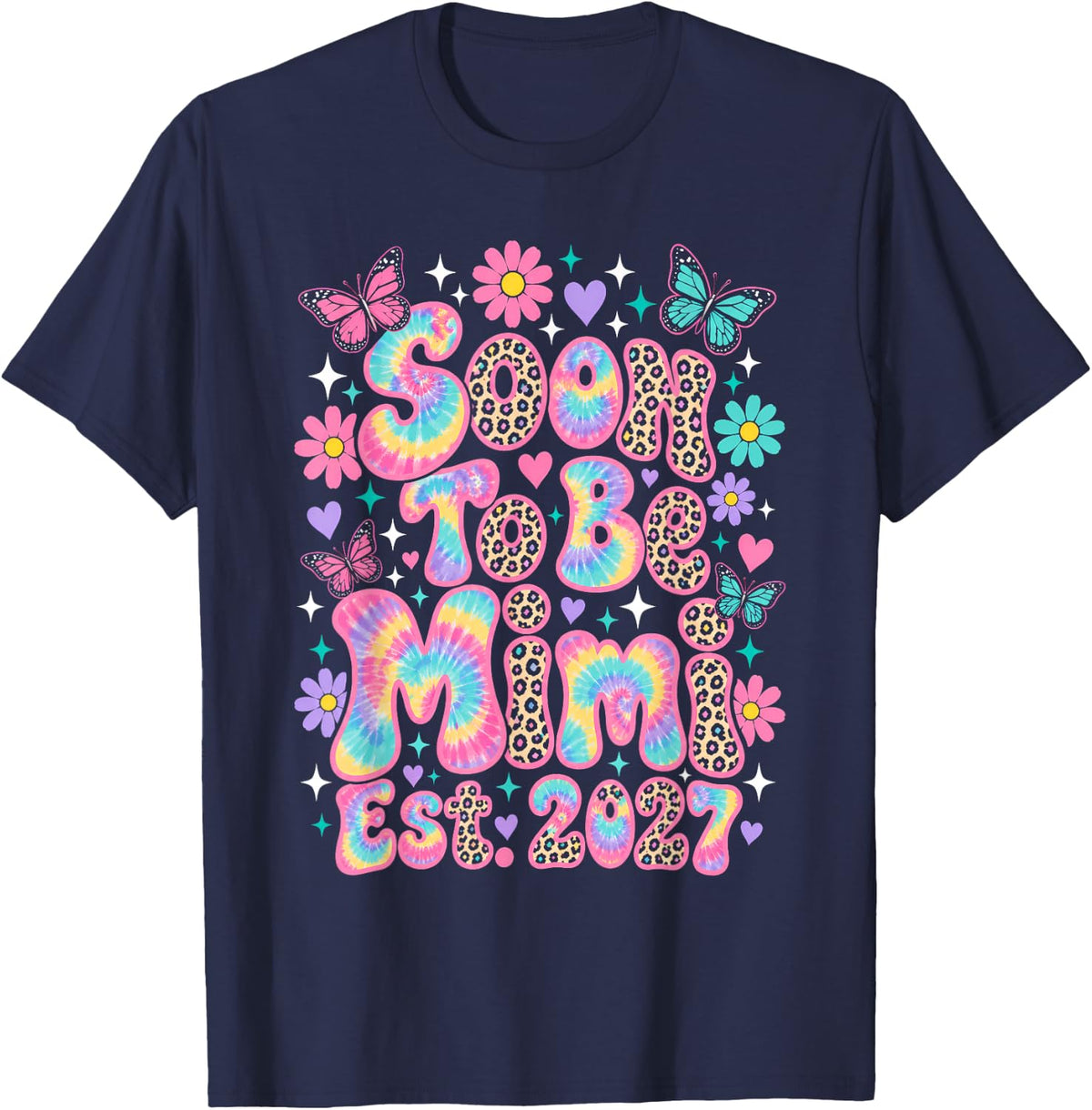 Soon to Be Mimi Est 2027 Tie Dye Butterfly T-Shirt - Navy Blue