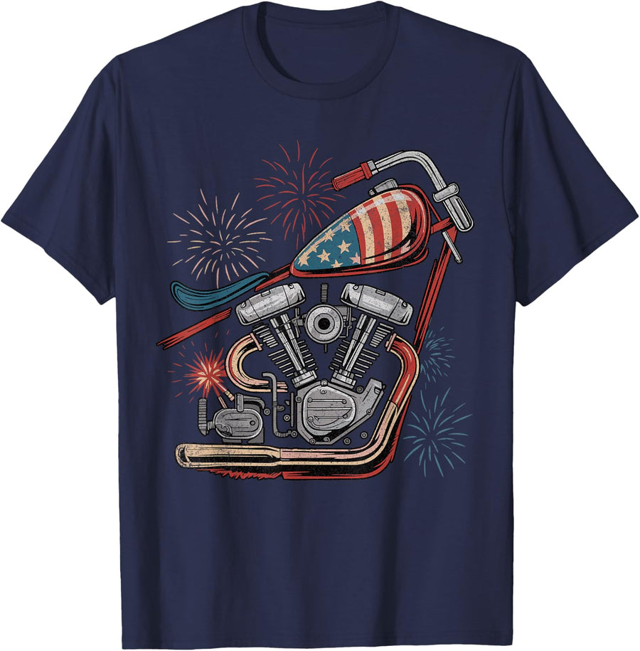 Patriotic Chopper Engine Fireworks 4th of July Motorcycle T-Shirt - Navy Blue