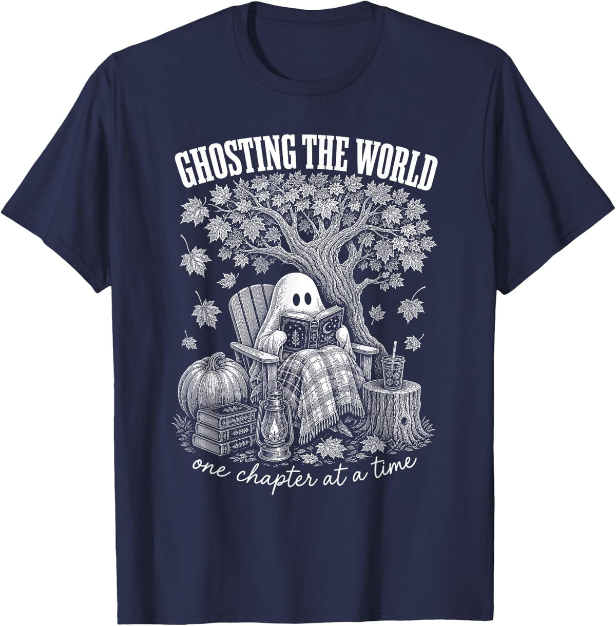 Halloween Ghost Reading Teacher Books Bookworm Fall Vibes T-Shirt - Navy Blue
