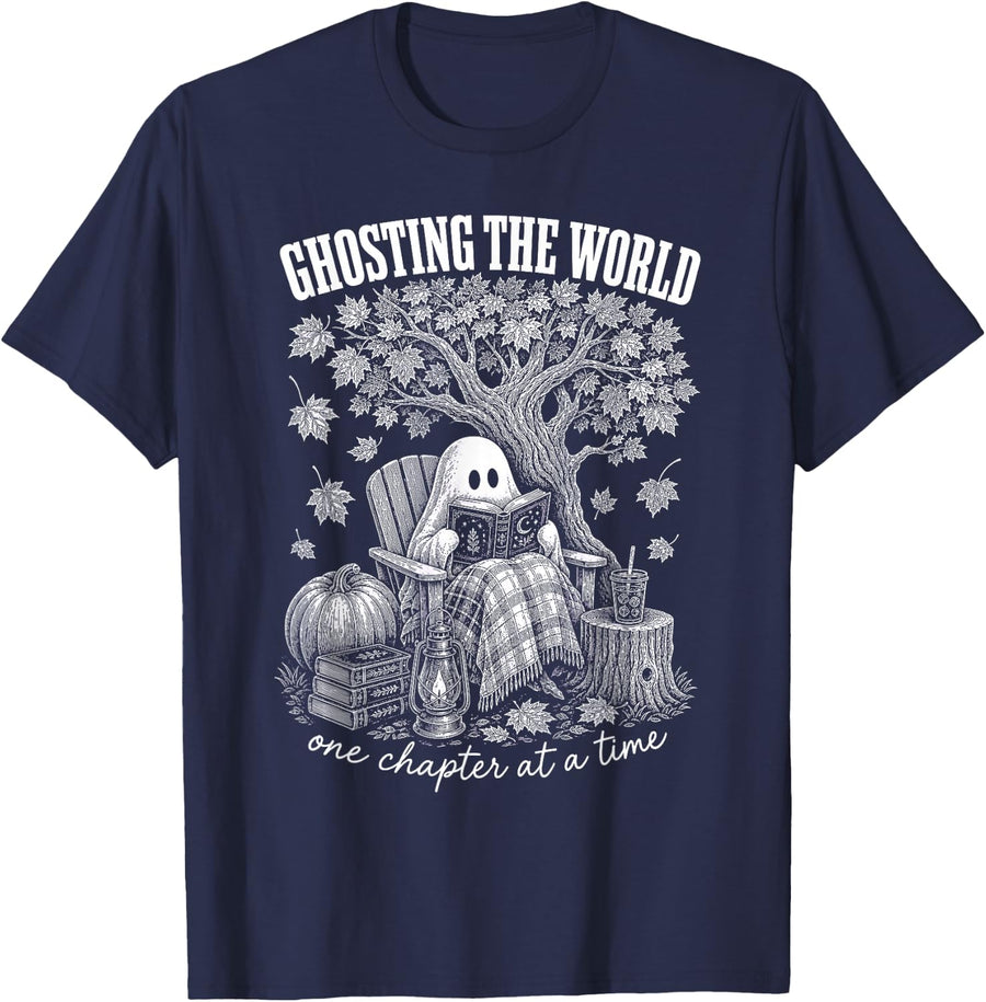 Halloween Ghost Reading Teacher Books Bookworm Fall Vibes T-Shirt - Navy Blue