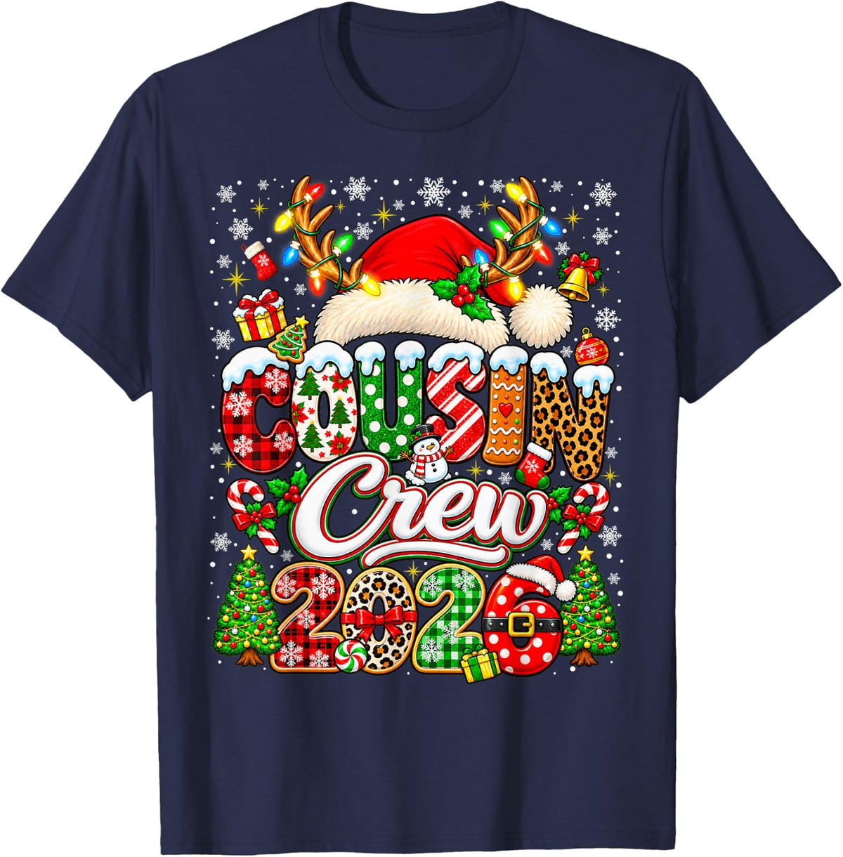 Cousin Crew 2026 Santa Christmas Family Matching Pajamas T-Shirt - Navy Blue