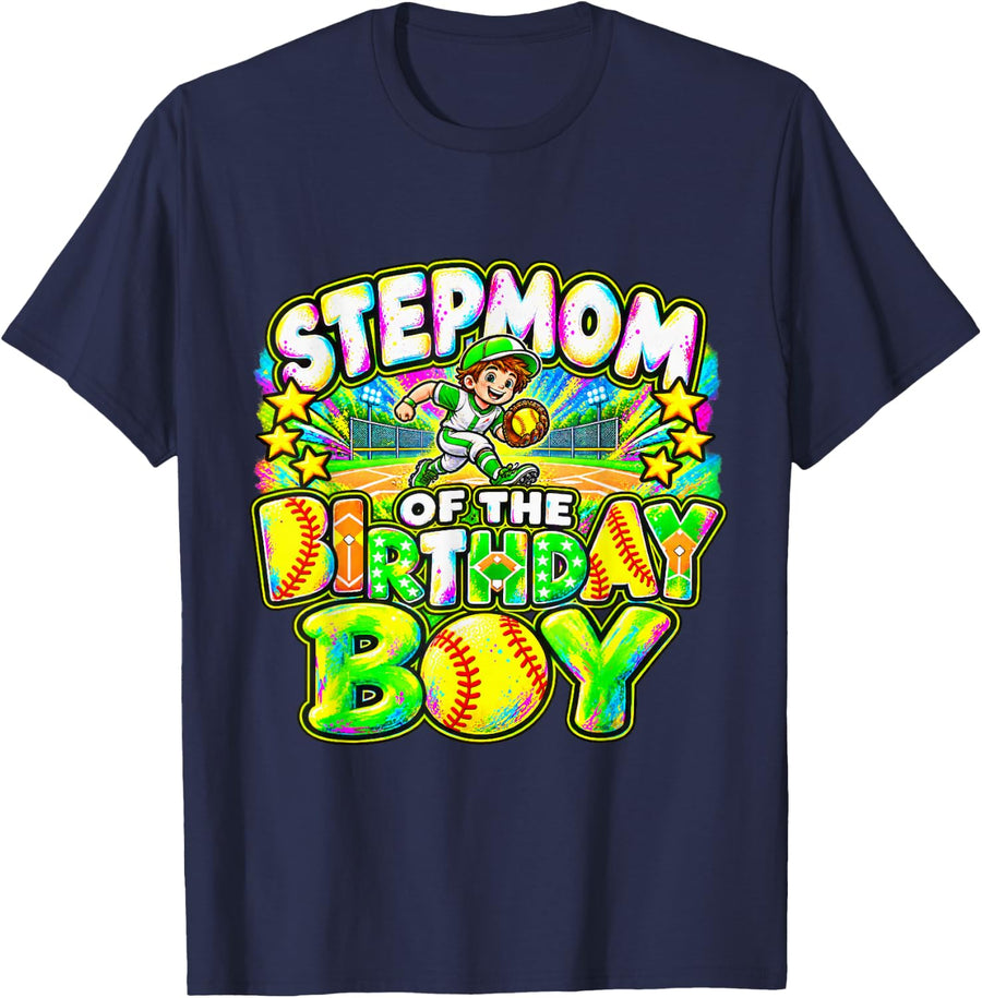 Stepmom of The Birthday Boy Softball Player Colorful T-Shirt - Navy Blue