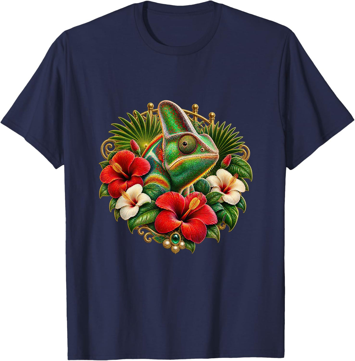 Chameleon with Red and White Hibiscus T-Shirt - Navy Blue
