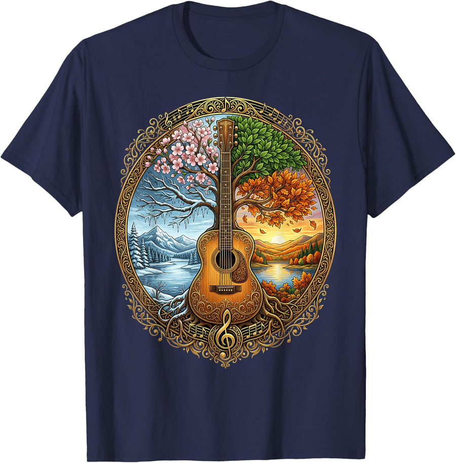 Acoustic Guitar Musician Tree of Life Guitarist Music T-Shirt - Navy Blue