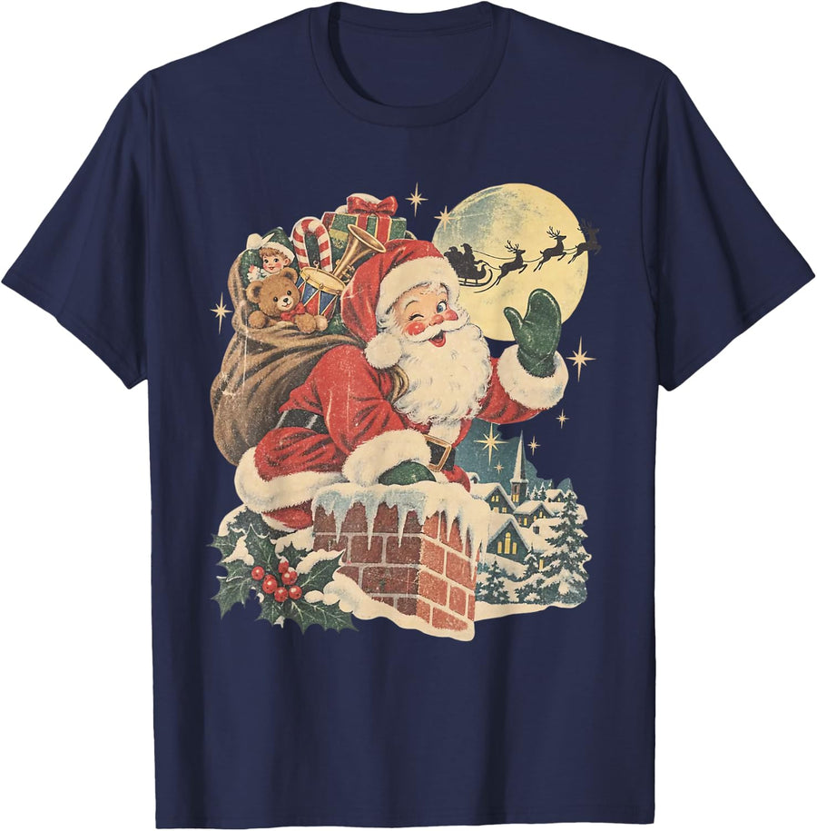 Vintage Retro Chimney Santa Delivering Winter Village Xmas T-Shirt - Navy Blue