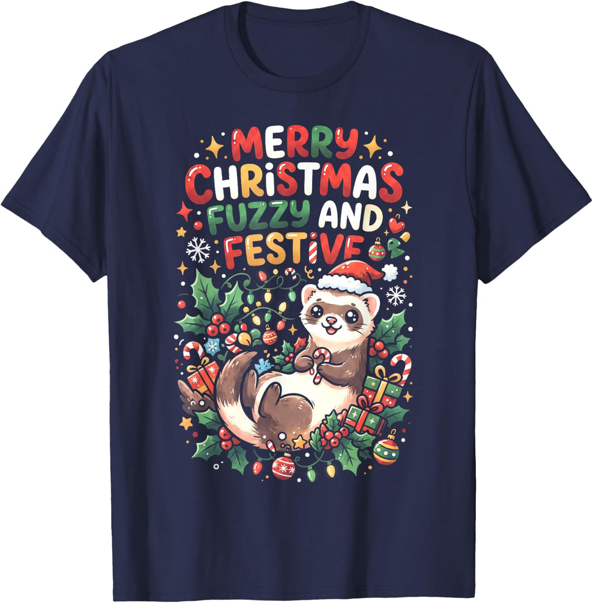Merry Christmas Fuzzy and Festive Ferret T-Shirt - Navy Blue