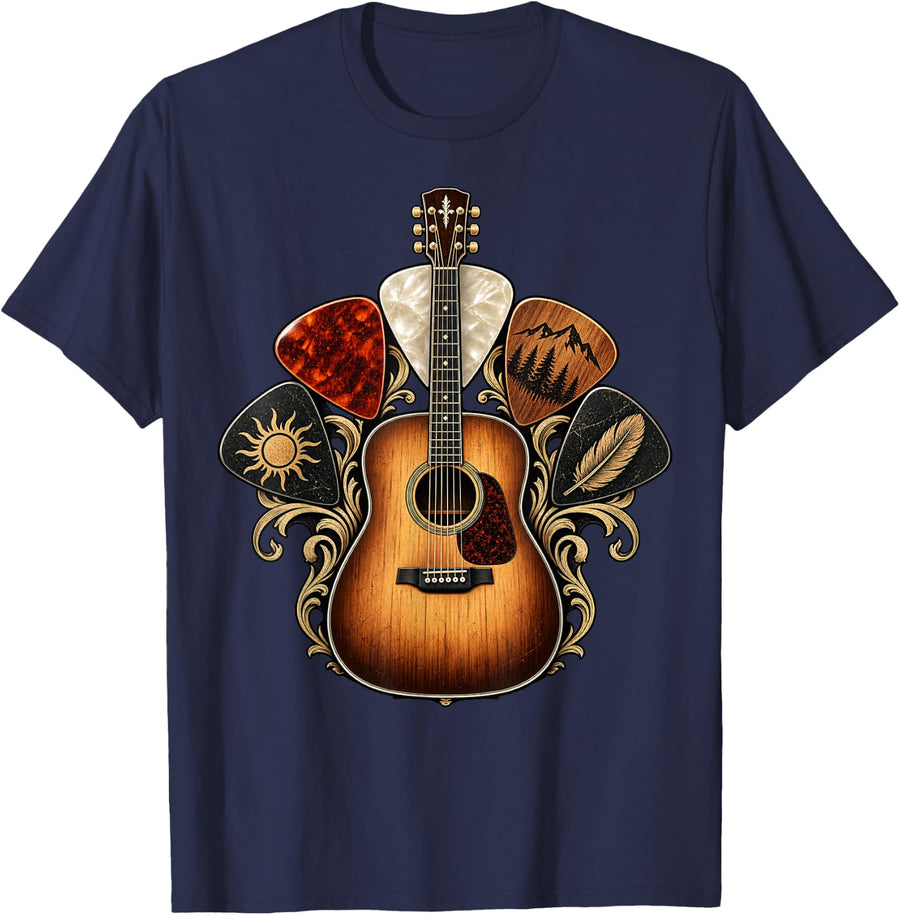 Acoustic Guitar with Picks Mountain Sun Feather Music Art T-Shirt - Navy Blue