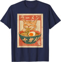 Cat Ramen Shirt Funny Vintage Graphic Tee Kawaii Japanese Anime T-Shirt for Men Women - Navy Blue