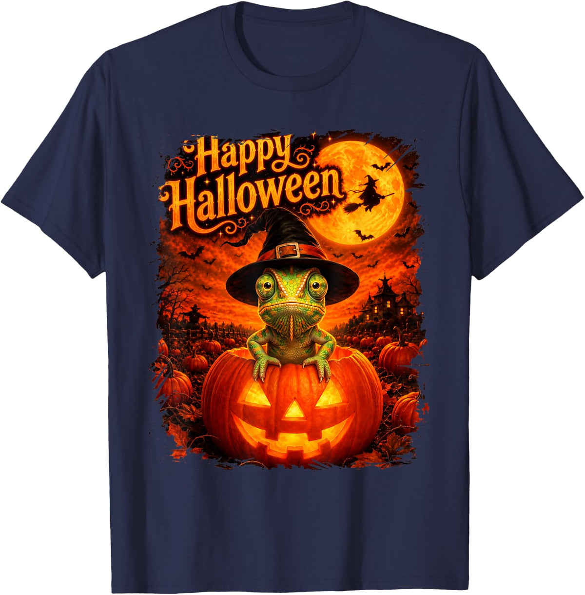 Cute Chameleon Happy Halloween Night T-Shirt - Navy Blue