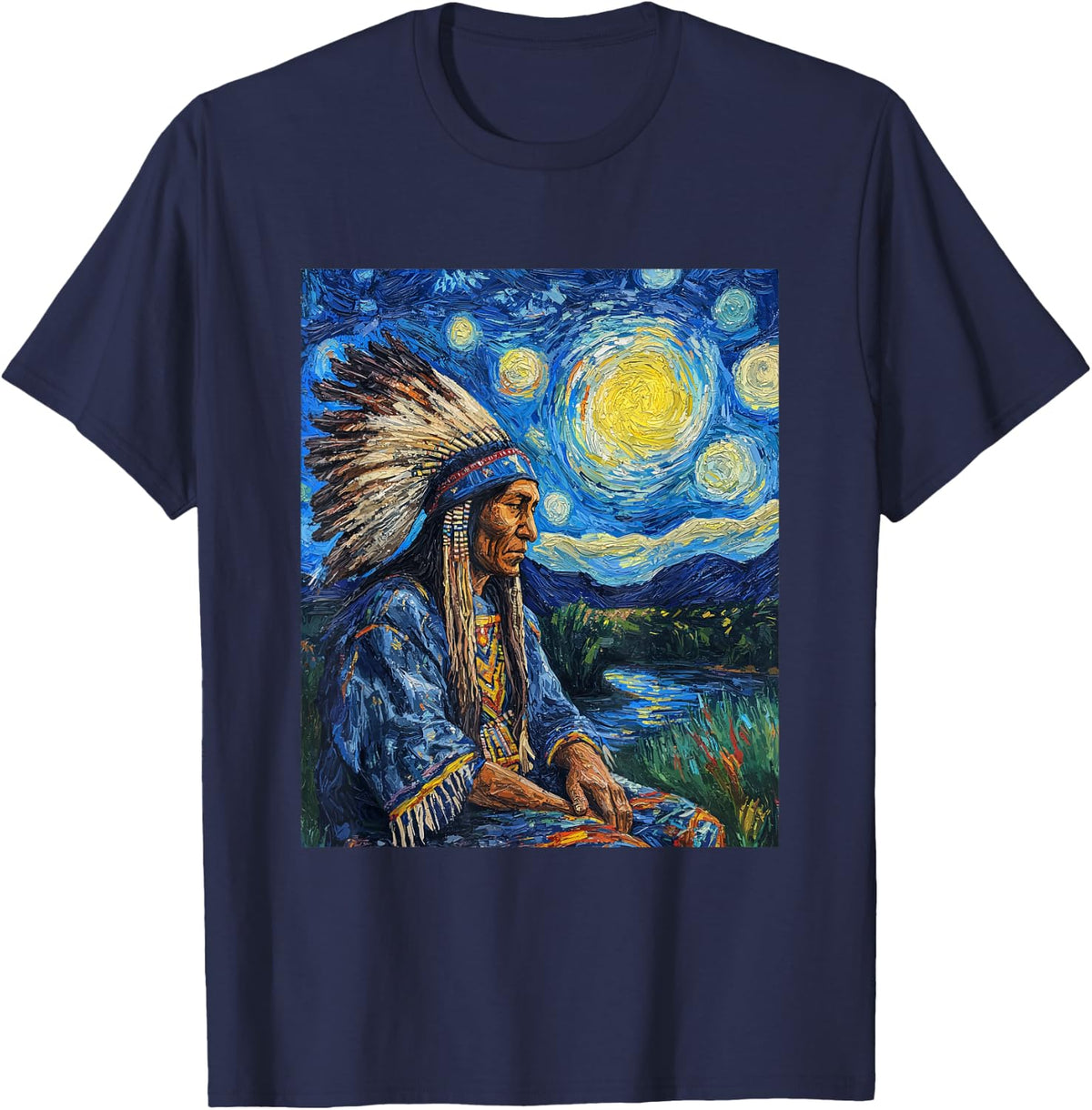 Native American Indian Day Van Gogh Style Starry Night T-Shirt - Navy Blue