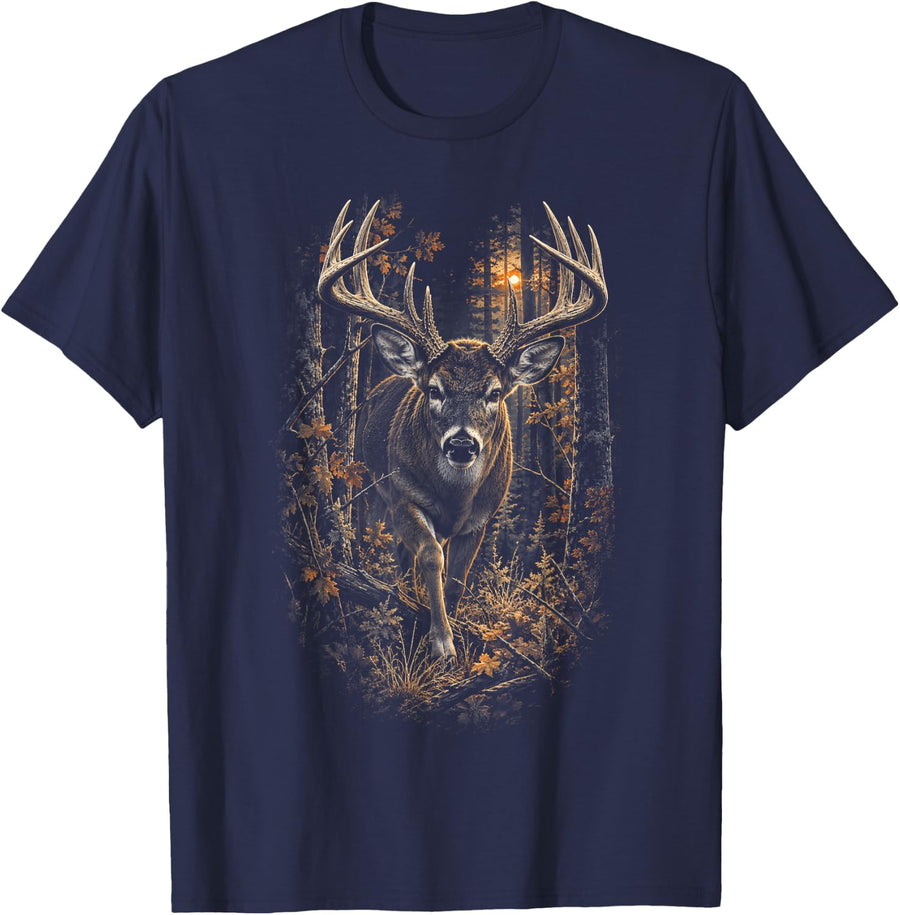 Buck Deer Hunting Wildlife Forest T-Shirt - Navy Blue