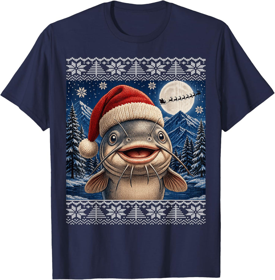 Catfish Fish Santa Ugly Christmas T-Shirt - Navy Blue