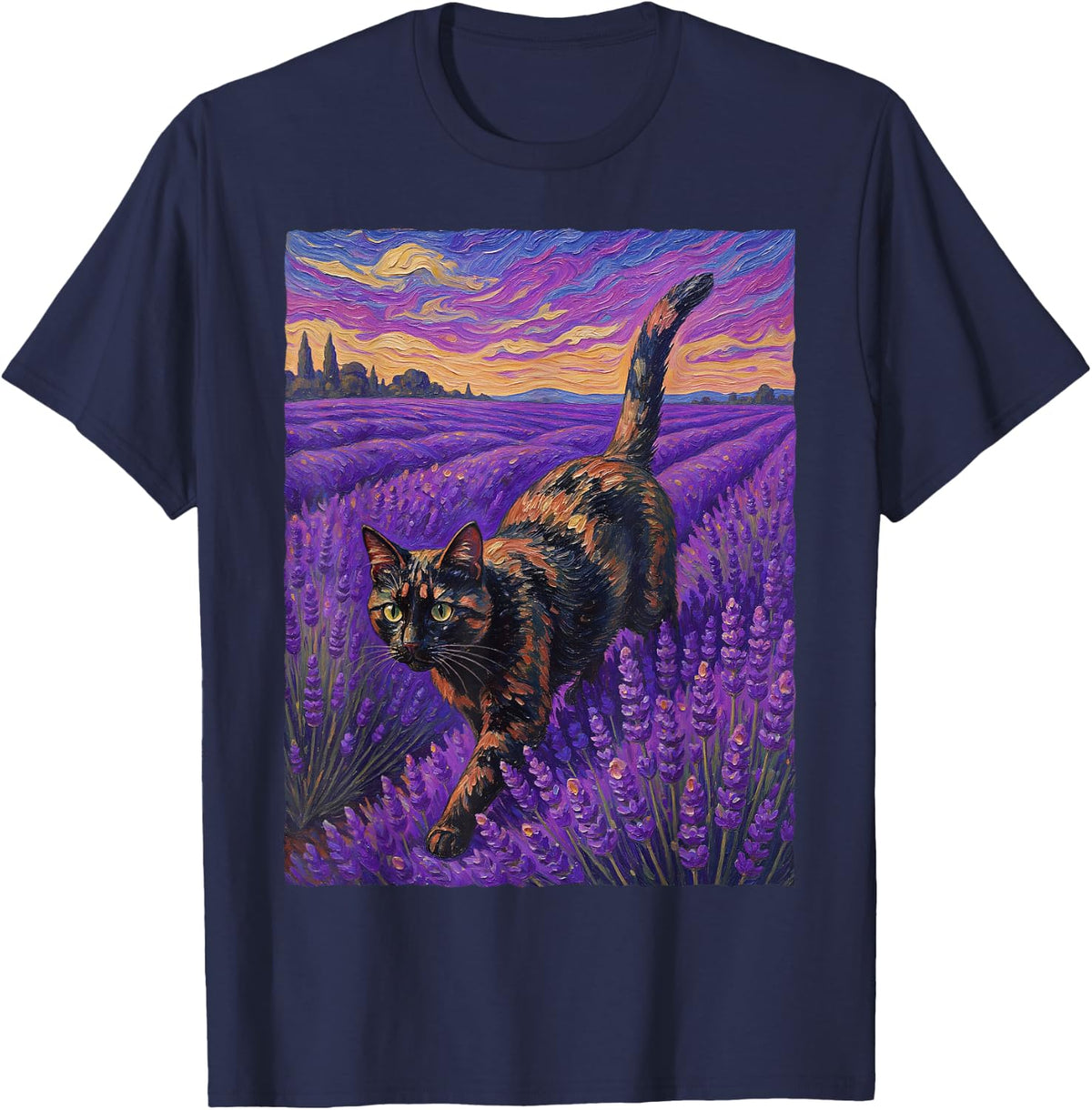 Tortoiseshell Tortie Cat Lavender Field Oil Painting T-Shirt - Navy Blue