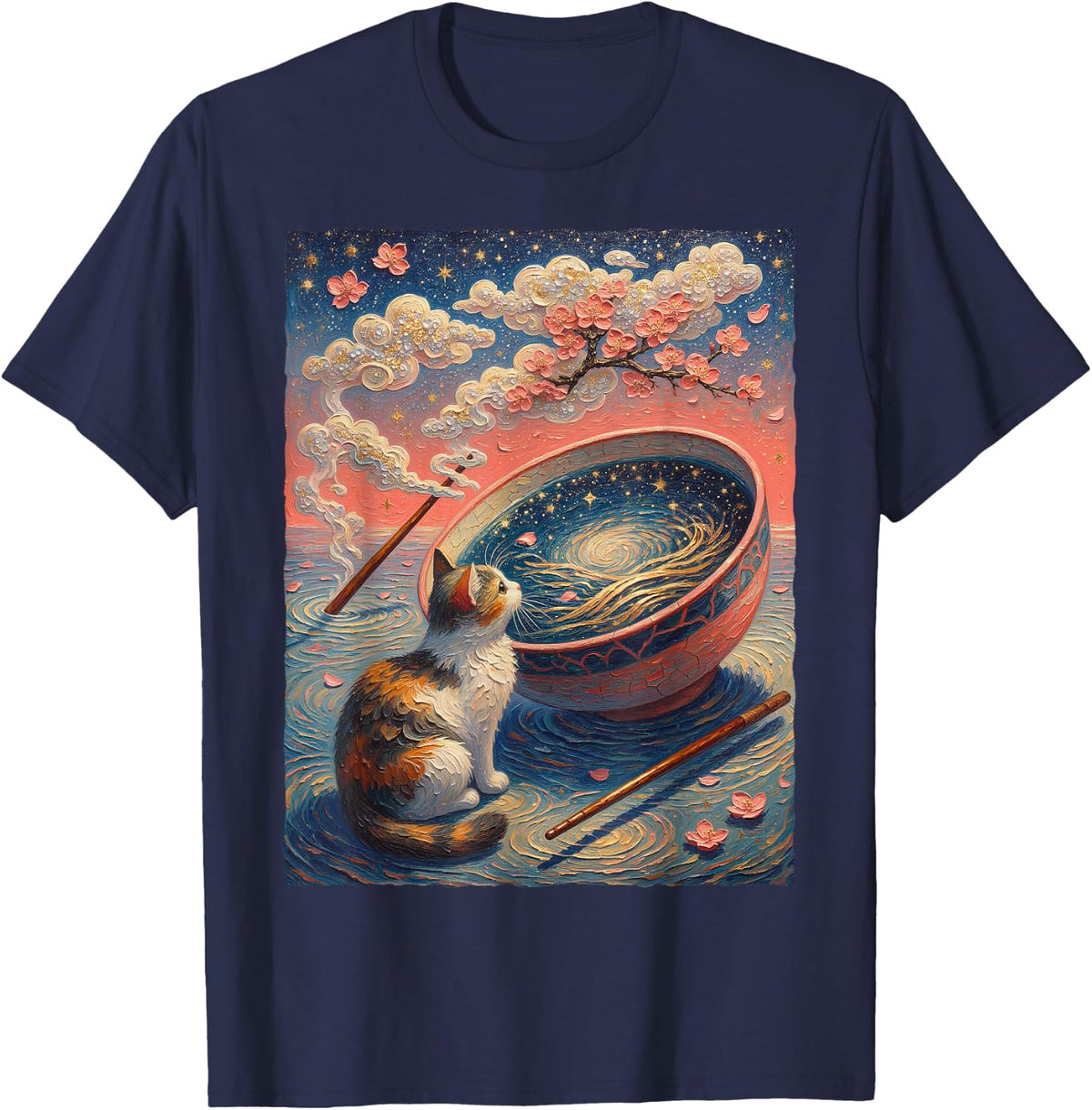 Calico Cat Ramen Noodles Cherry Blossom Starry Sky Sakura T-Shirt - Navy Blue