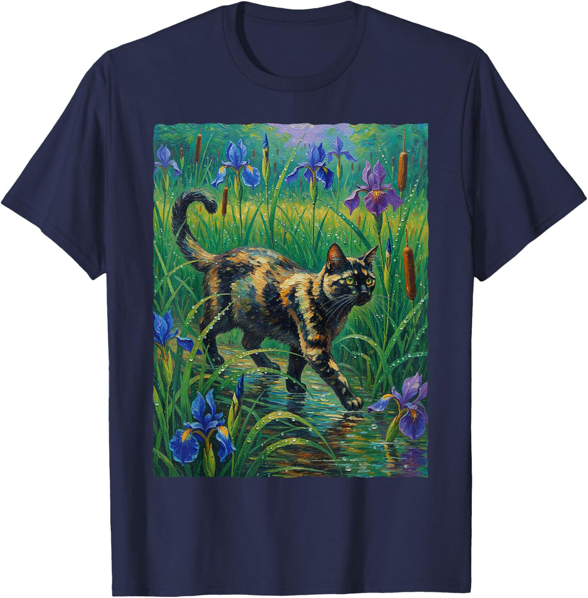 Tortoiseshell Cat Iris Flower Impressionist Tortie Painting T-Shirt - Navy Blue