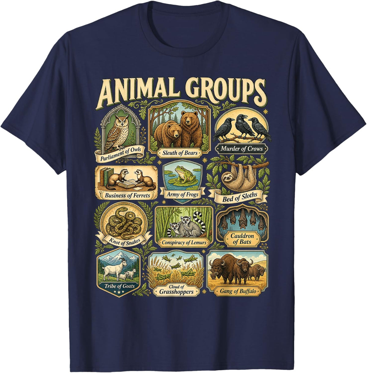 Animal Groups Funny Collective Nouns Educational Wildlife T-Shirt - Navy Blue