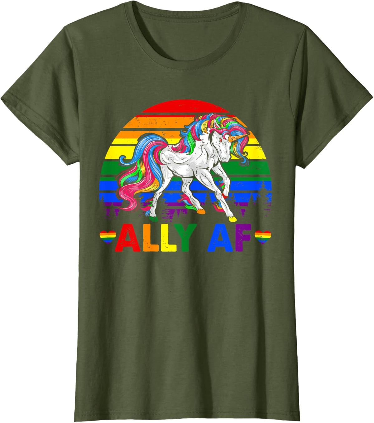 Ally AF Pride LGBT Flag Unicorn Lover Matching Lesbian Gay T-Shirt - Olive Green