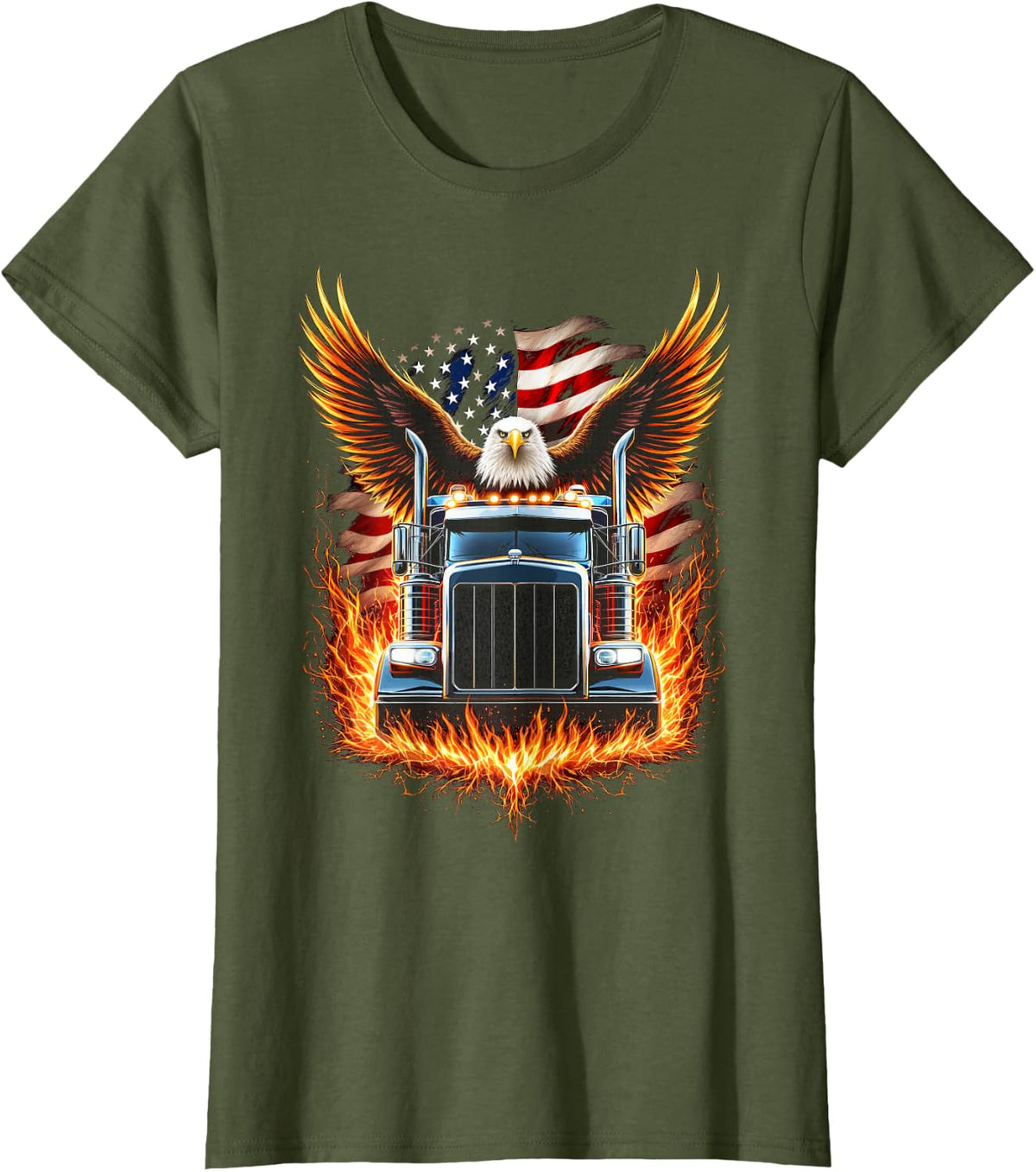 Trucker Patriotic American Flag Semi Truck Driver Eagle Tees T Shirts - Olive Green