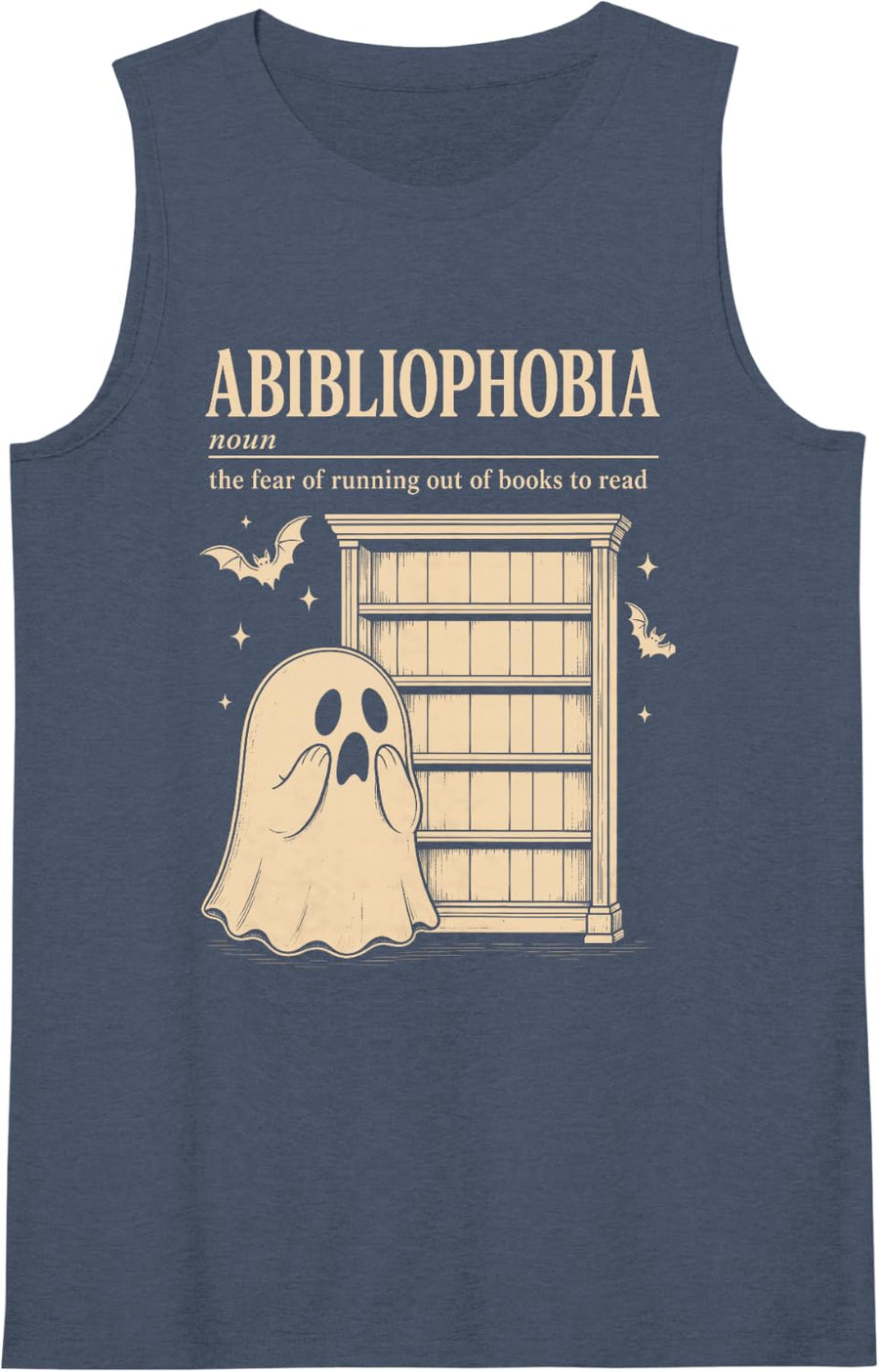 Women's Abibliophobia Cute Horror Book Lover Ghost Sleeveless Tank Top - Navy Blue