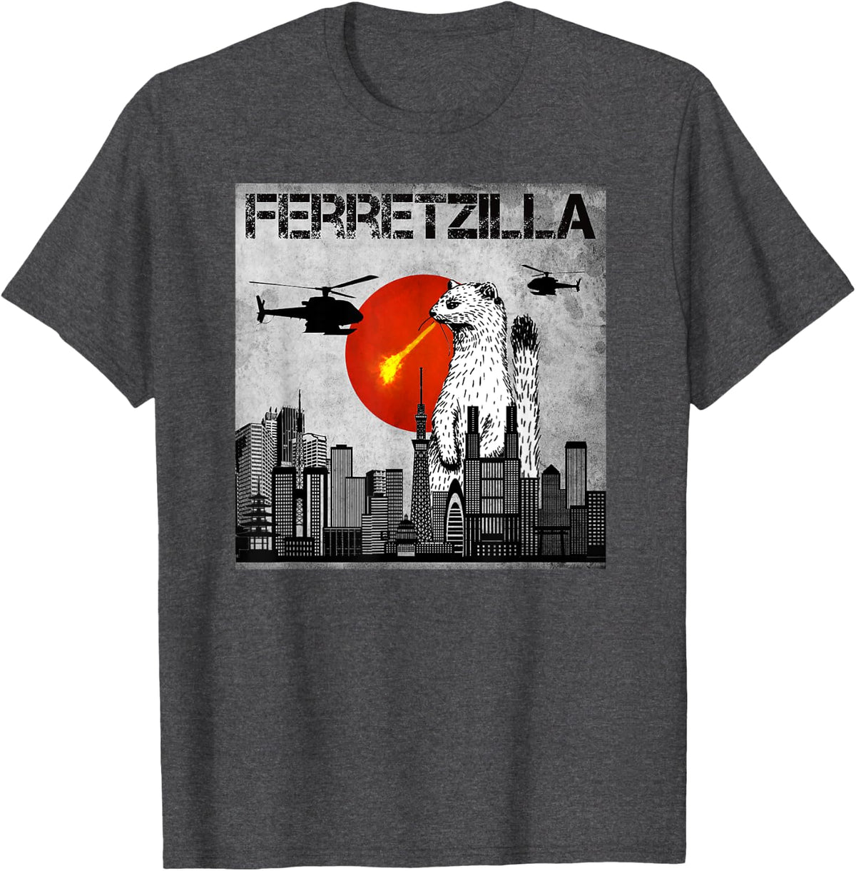 Vintage Cute Ferret Japanese Sunset Style, Ferretzilla T-Shirt - Dark Heather Grey