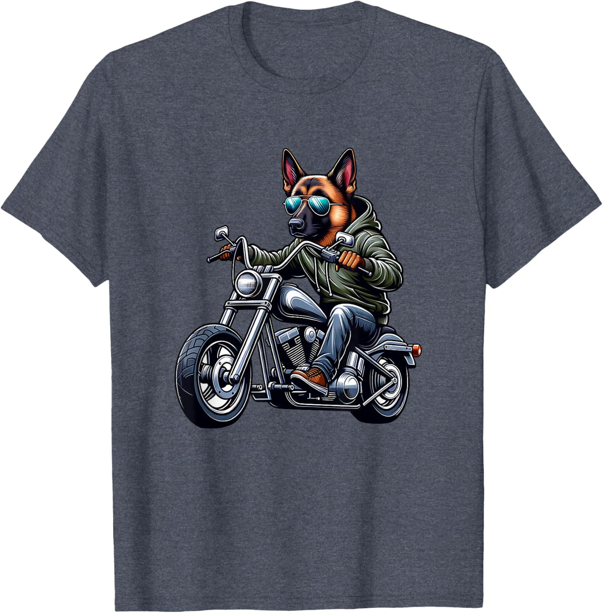 German Shepherd Riding Motorcycle T-Shirt - Heather Blue