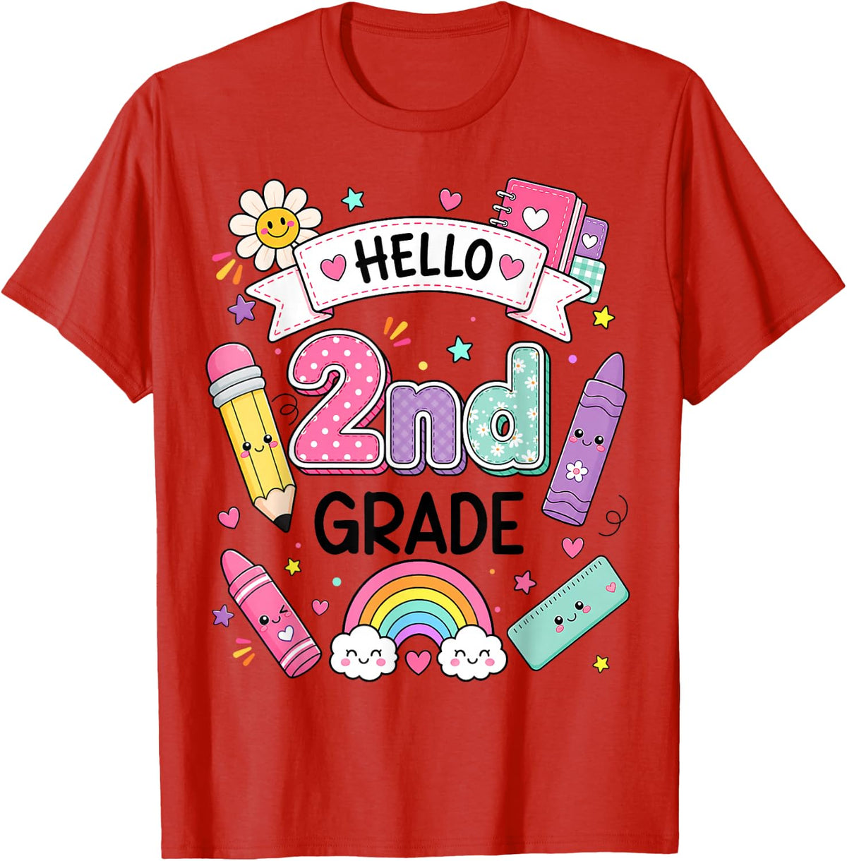 Hello Second 2nd Grade Girls Cute First Day Back to School T-Shirt - Red