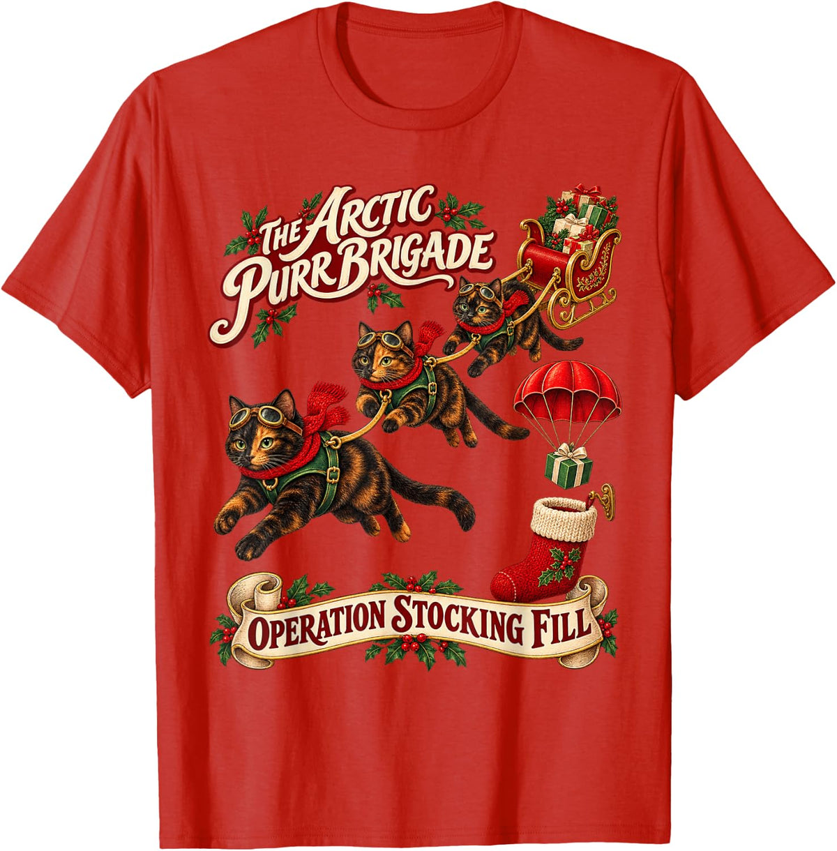Tortoiseshell Cat Funny Christmas Parachute T-Shirt - Red