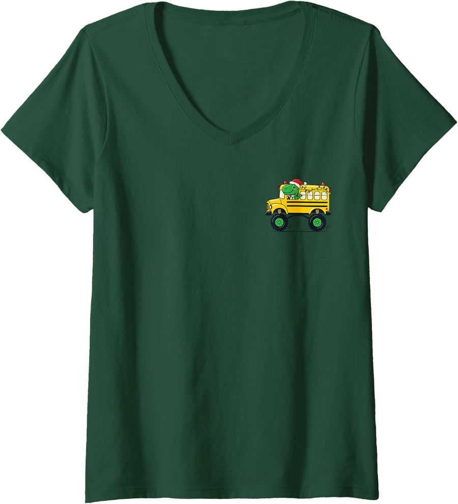 Women's Dinosaur Christmas School Bus Funny Dino Santa Monster V-Neck T-Shirt - Dark Green