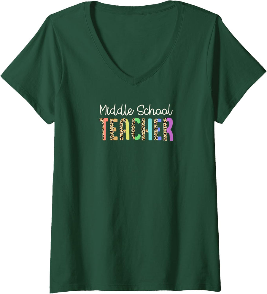 Women's Middle School Teacher Colorful Leopard Print Pattern Style V-Neck T-Shirt - Dark Green